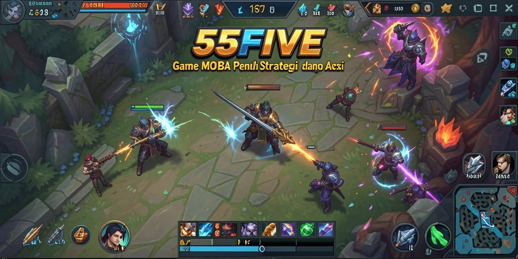 Screenshot utama gameplay seru 55FIVE yang menunjukkan aksi di arena.