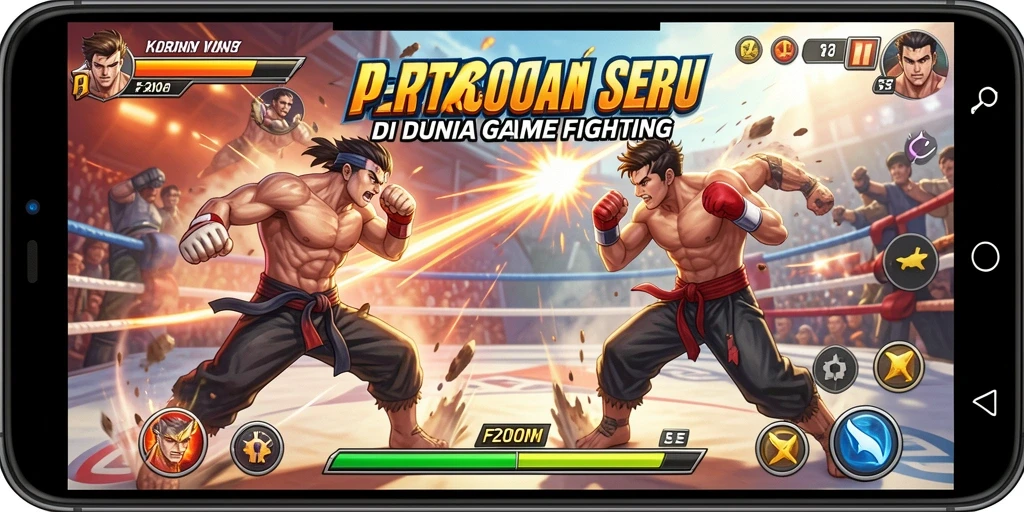 Screenshot gameplay F200M menampilkan pertarungan seru dengan karakter unik.