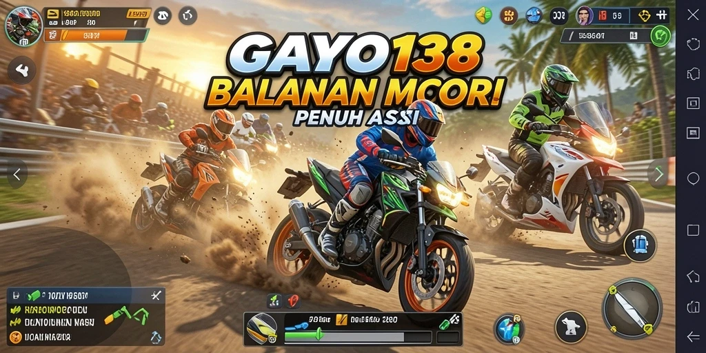 Gameplay seru GAYO138 dengan balapan motor mendebarkan.