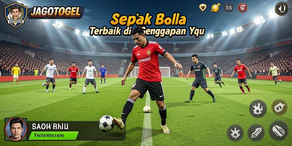 Tampilan gameplay JAGOTOGEL dengan aksi di lapangan sepak bola.