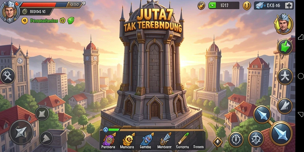 Tangkapan layar utama JUTA7 menampilkan aksi gameplay Tower Defense yang intens.