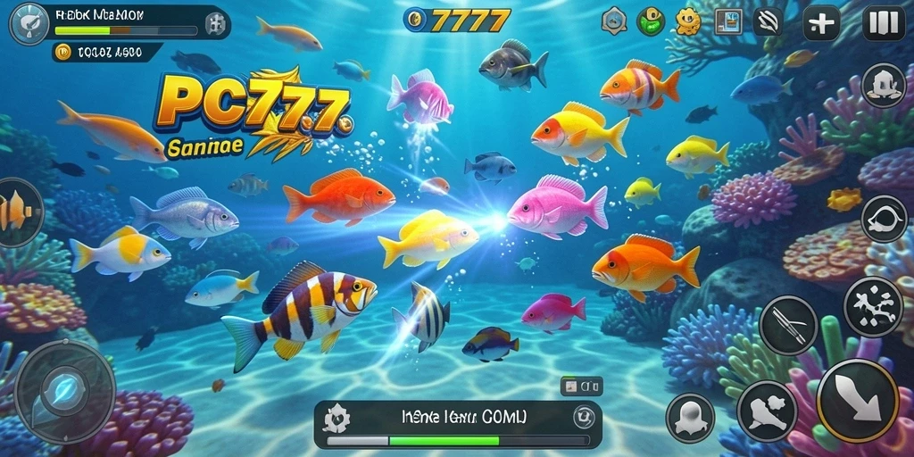 Screenshot utama PC777 menampilkan aksi seru menangkap ikan.