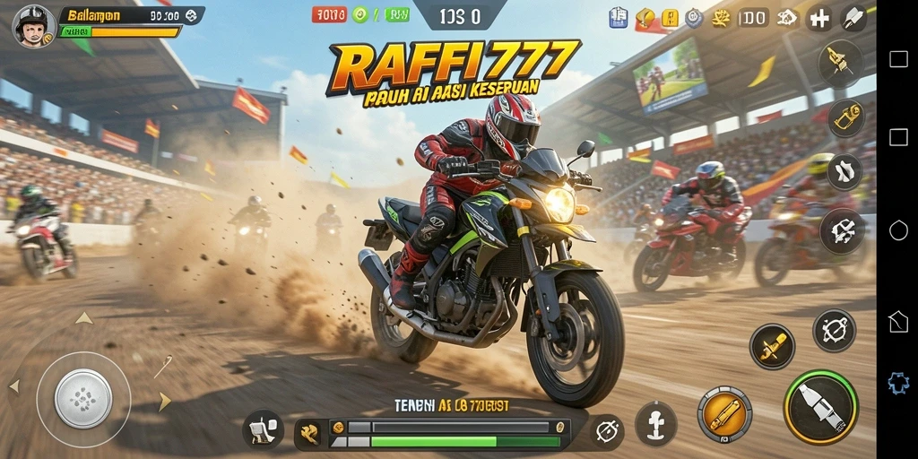 Screenshot gameplay RAFFI777 menampilkan aksi balapan motor yang mendebarkan.