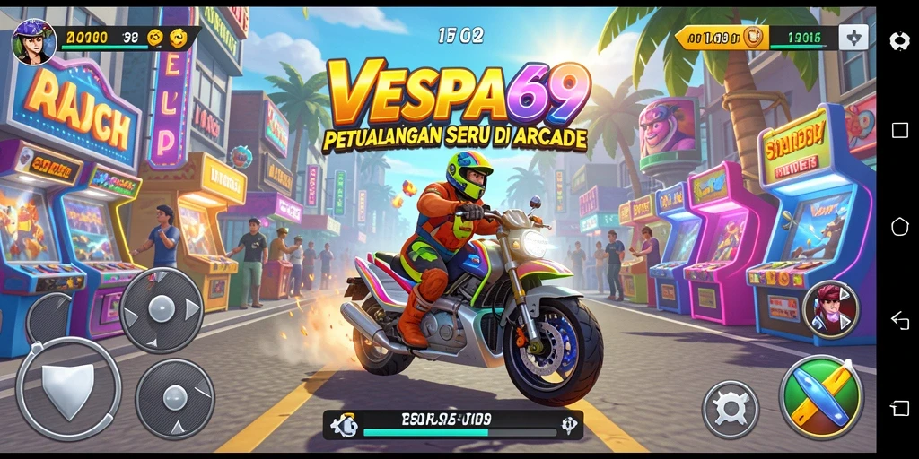 Screenshot utama VESPA69 menampilkan karakter vespa dalam aksi penuh warna.